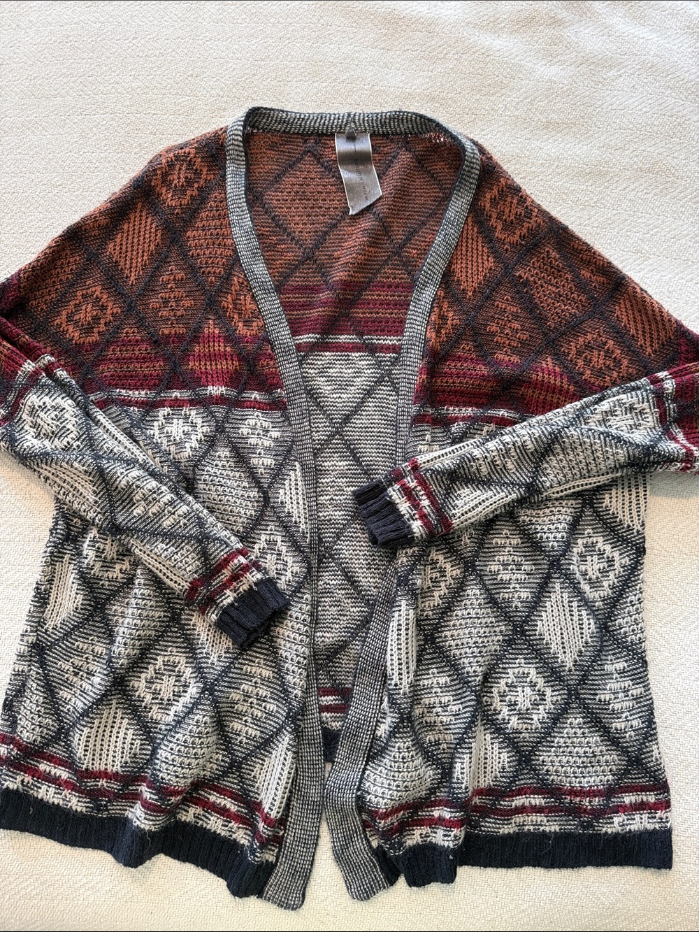 Moon Collection Open-Front Geometric Knit Cardigan - Rust, Navy, Cream, Burgundy